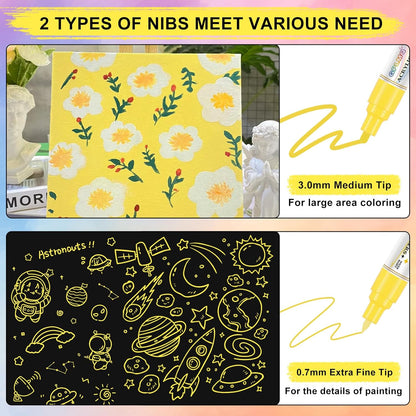 Paint Markers Paint Pens - 2 Pack Dual Tip Acrylic Permanent Marker (0.7mm & 3mm), Non-Toxic, Water-Based for Art Painting, Stone, Ceramic, Glass, Wood, Fabric, Metal, DIY Crafts (Yellow)