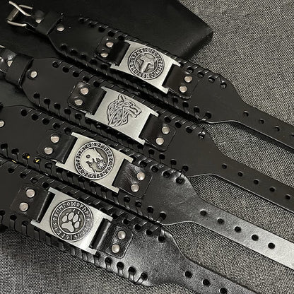 TURTLEDOVE 4 PCS Viking Leather Bracelet - Medieval Leather Cuff Wristband of Wolf Fenrir