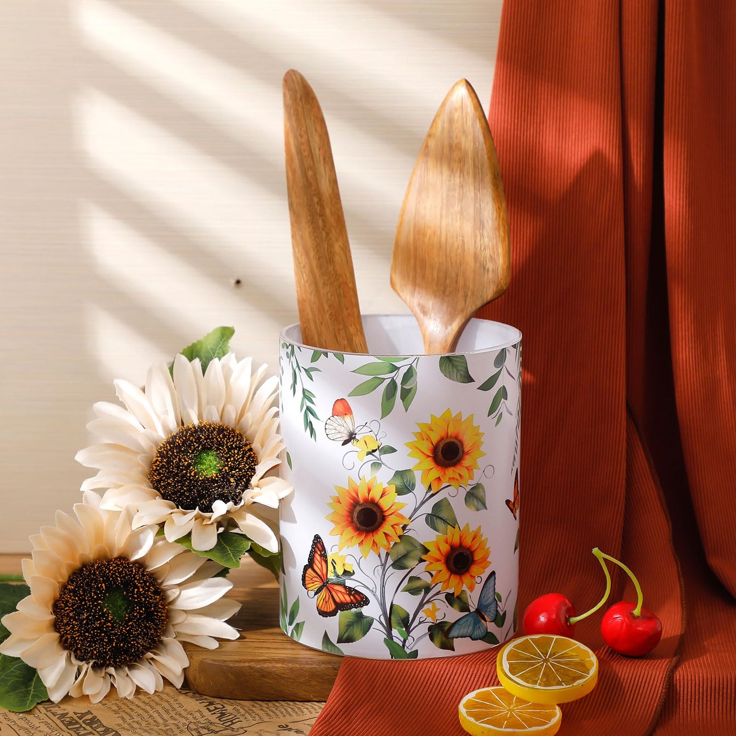 Yoande Kitchen Decorations Utensil Holder Acrylic Utensil Crock Spoon Kitchen Organizer for Countertop Coffee Spoon Holder Jar for Cooking Tools(Sunflower)