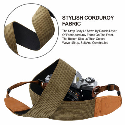 Padwa Lifestyle Olive Green Corduroy Camera Strap - 2" Double Layer Full Grain Cowhide Leather Head Camera Straps for Photographers, Unique Soft Corduroy Fabric with Quick Release fits all Cameras