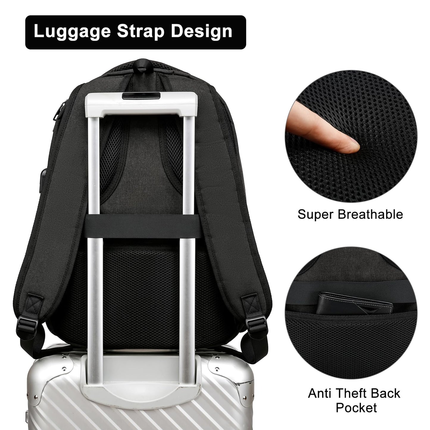 Liokesa Black Laptop Backpack for Men, School Backpacks for Teen Boys, Lightweight Backpack Personal Item Bag, 15.6 Inch Water Resistant College Bookbag Computer Bag