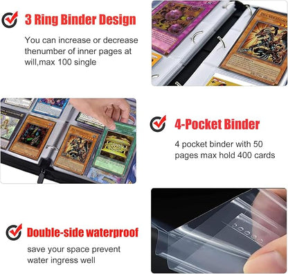 4 Pocket Trading Card Binder for Cards with 50 Sleeves up to 400 Cards,Waterproof Card Storage Book with Removable Sleeves for Booster Box and TCG Cards