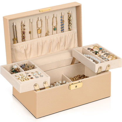 AKOZLIN Travel Jewelry Box Organizer Functional 2-trays Leather Jewelry Storage Case with Lockable Portable for Women Girls Ring Necklace Earring Bracelet Champagne