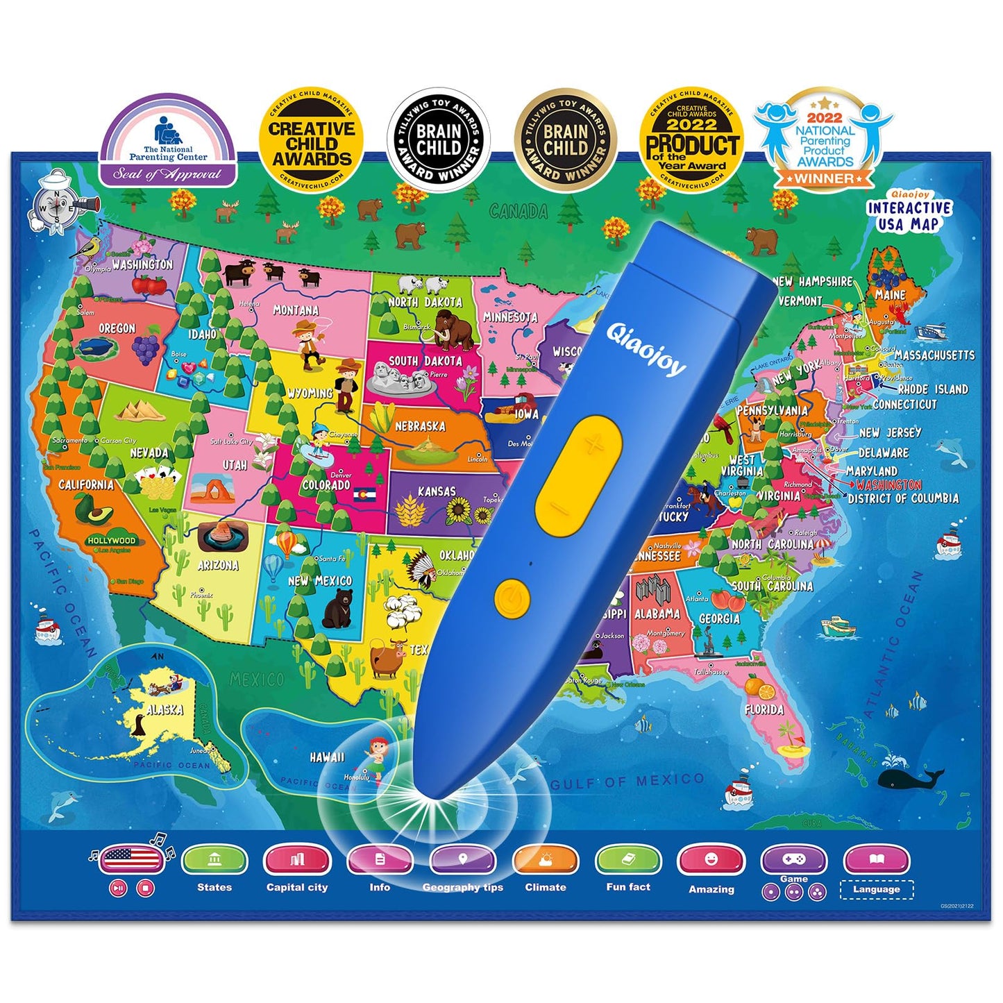Qiaojoy Bilingual Interactive for Kids Talking USA Map for Kids Learning, Geography Toys Games Educational Electronic Map Christmas Personalized Gift/Toys for 4 5 6 7 8 9 10 Year Old Girls/Boys