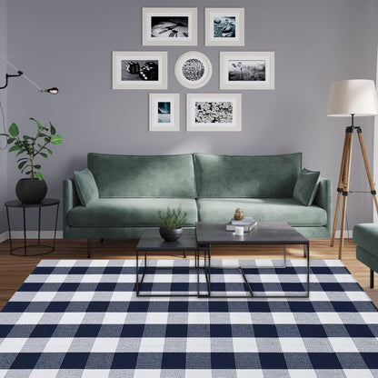 MUBIN Cotton Buffalo Plaid Rug, 4' x 6' Navy Blue White Outdoor Rug Decorative Mat, Washable Large Doormat Hand-Woven Foldable Area Rug for Outdoor Patio Indoor Living Room Dining Room Kitchen