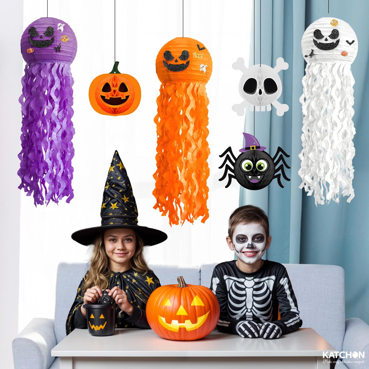 KatchOn, Halloween Banner & Fringe Set-Pack of 23 | Paper Fan Glittery Happy Halloween Garlands, Ghost Hanging Swirls with Paper Lanterns & Honeycomb Set | Perfect for halloween Party.