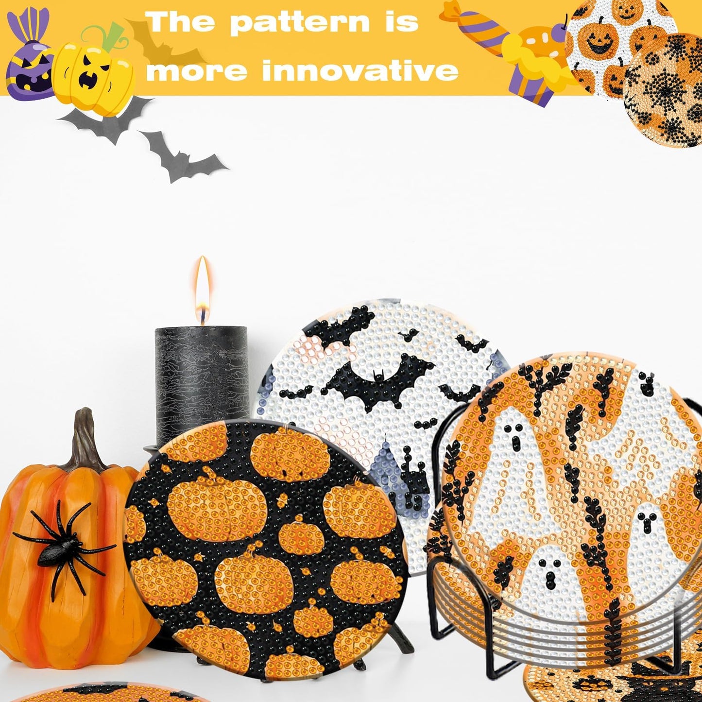8 Pieces Halloween Diamond Art Coasters with Holder DIY Halloween Diamond Dot Coasters 5d Full Drill Diamond Coasters for Adults Halloween Diamond Painting Kits Supplies for Gift