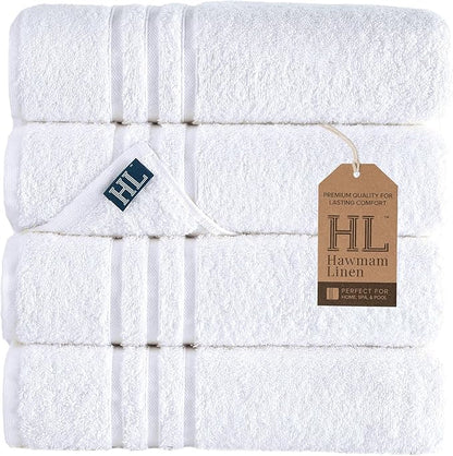 Hawmam Linen White Bath Towels 4 Pack 27 x 54 Inches 100% Turkish Cotton Soft