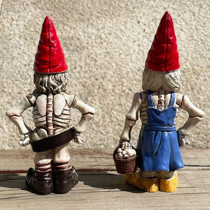 JARPSIRY 2PCS Male and Female Halloween Skeleton Gnome Couple Garden Statue Zombie Gnome Sculptures Resin Dwarf Figurines for Indoor Home Ornaments Outdoor Patio Yard Lawn Porch Decor