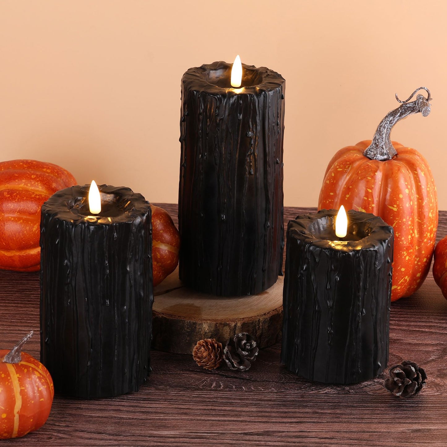 Eywamage Black Dripping Wax Flameless Pillar Candles with Remote, Flickering Halloween Battery LED Candles Set of 3