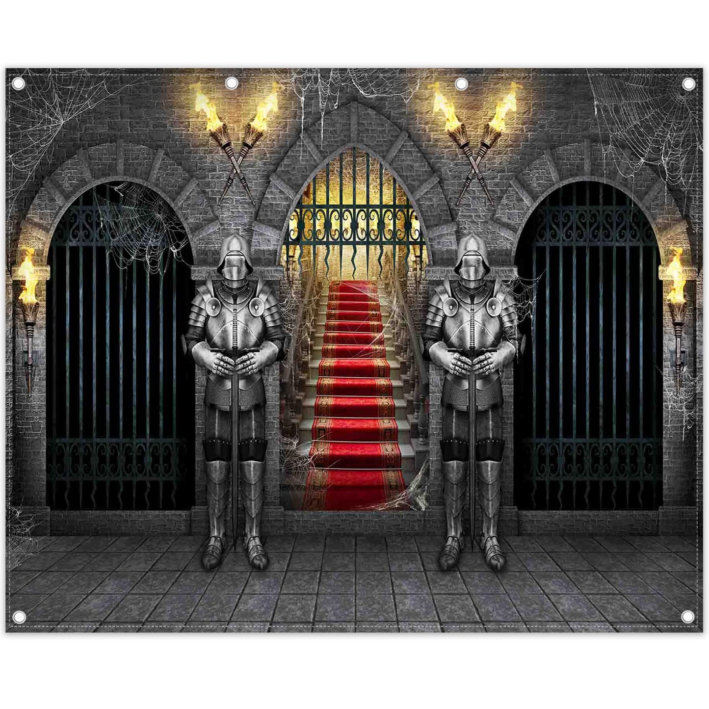 Swepuck 10x8ft Fabric Medieval Knight Photography Backdrop Castle Entrance Arches Torches Dungeon Background Halloween Night Party Decorations Photo Banner