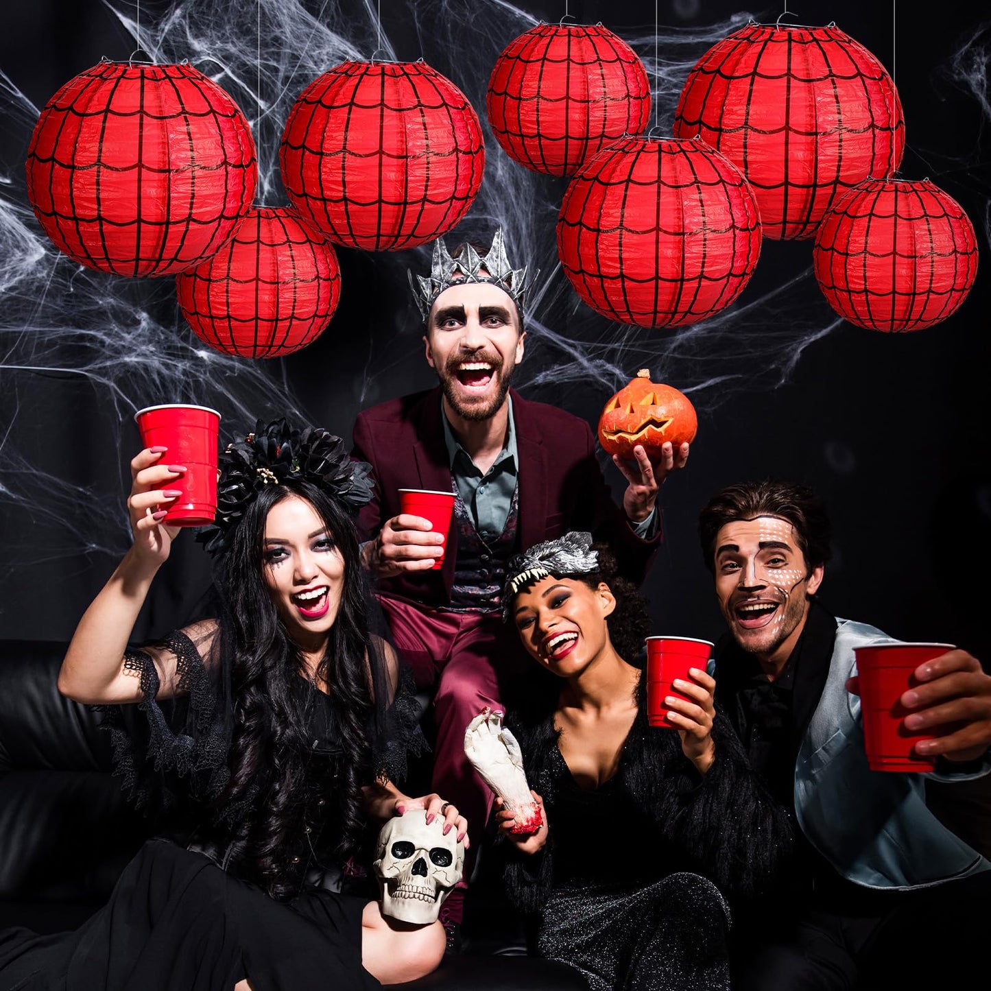 Bencailor 13 Pcs Spider Web Paper Lanterns Red Spider Web Party Hanging Supplies for Birthday Party Decorations