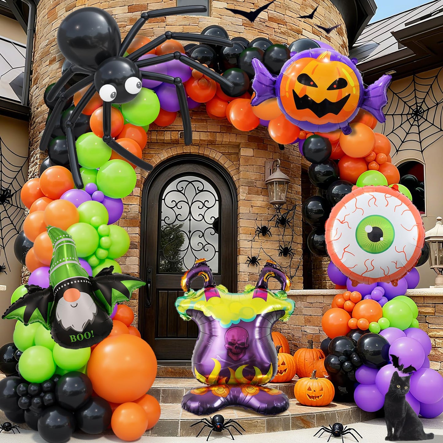 Bonropin Halloween Balloon Garland Arch kit with Black Orange Green Purple Spider Balloons Halloween Furnace Pumpkin Bat Eye Foil Balloons for Haloween Theme Party Background Classroom Decorations