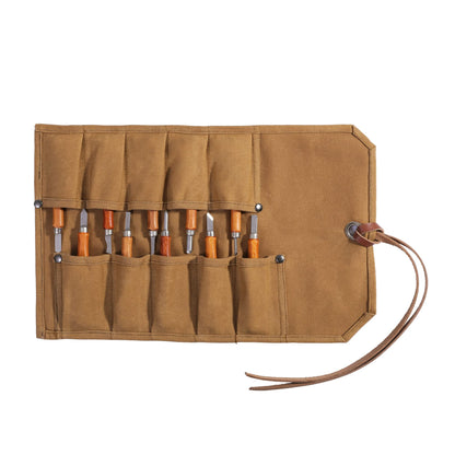 Tool Roll, Heavy Duty Waxed Canvas Small Tool Bag Tool Pouch for Chisels, Hammers, Gouges Palm Tools (Khaki)