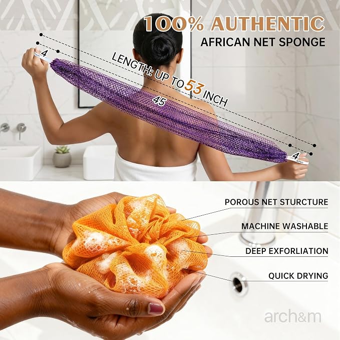 ARCH&M African Net Sponge Authentic Exfoliating Shower & Bath Loofah | 53" Long Back Scrubber, Quick-Dry Mesh Body Sponge, All Skin Types, Sensitive-Skin Friendly, Travel Toiletry Bag