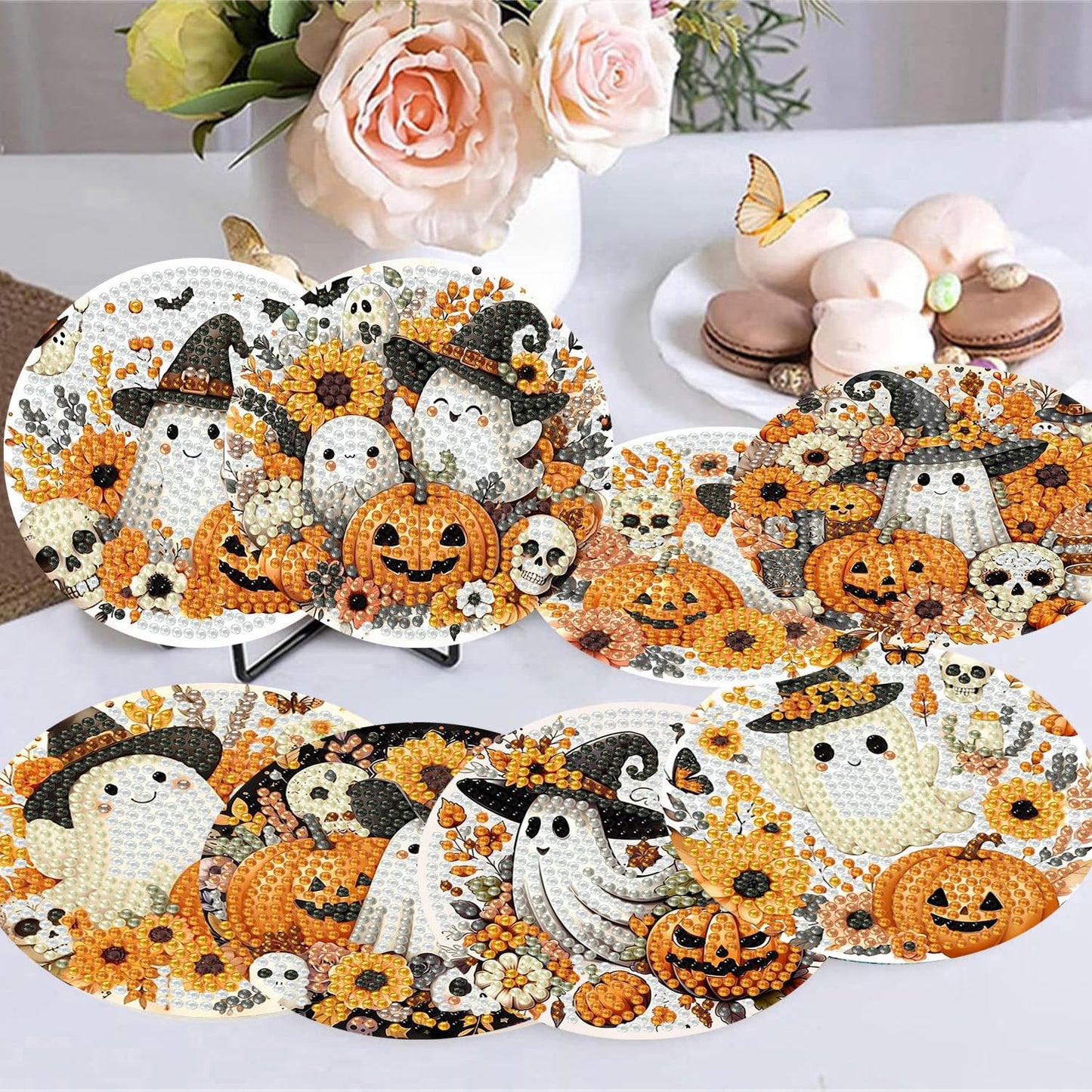 8 PCS Halloween Diamond Art Coasters Kits with Holder Ghost Pumpkin Diamond Painting Coaster Kit for Adults Beginners,5D DIY Gem Art Kit Full Drill Diamonds Art Craft Supplies 4X4 Inch