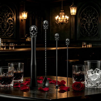 Homestia Black Skull Cocktail Muddler Set, Stainless Steel Bartender Tool Kit with Skull Muddler, Bar Spoon & Pick, Halloween Gothic Barware Gift Box & Cocktail Guide Set of 4