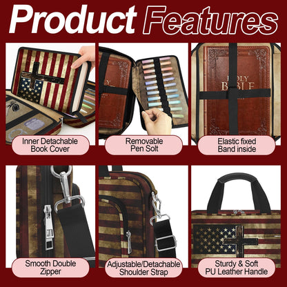 American Flag Cross Bible Cover Case for Women Men Boys, Large Bible Bag Book Carrying Case with Strap & Handle Zipper Pocket, Bible Study Supplies Journaling Kit, Highlighters and Pens Cross Clips