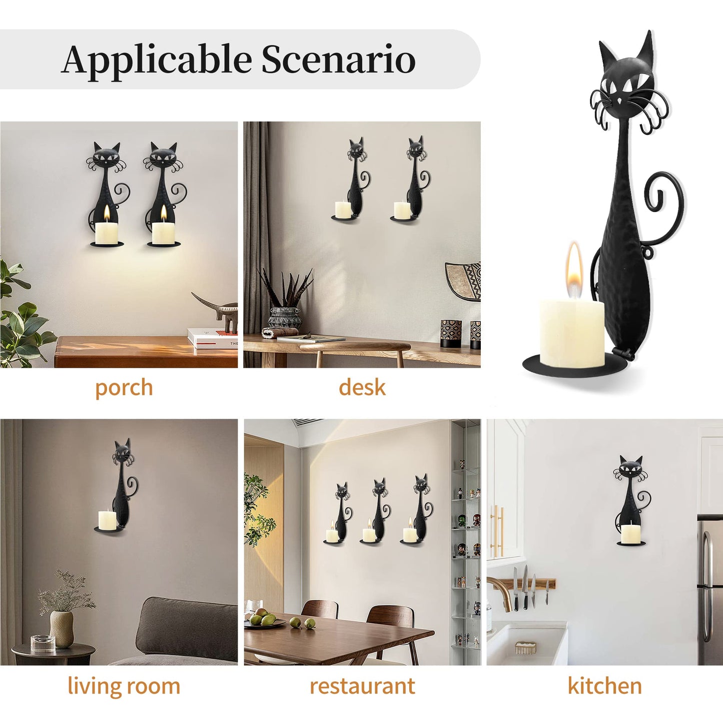 OFILLES Glass Candle Holders for Pillar Candles,Black Metal Cat Wall Sconces Candle Holder