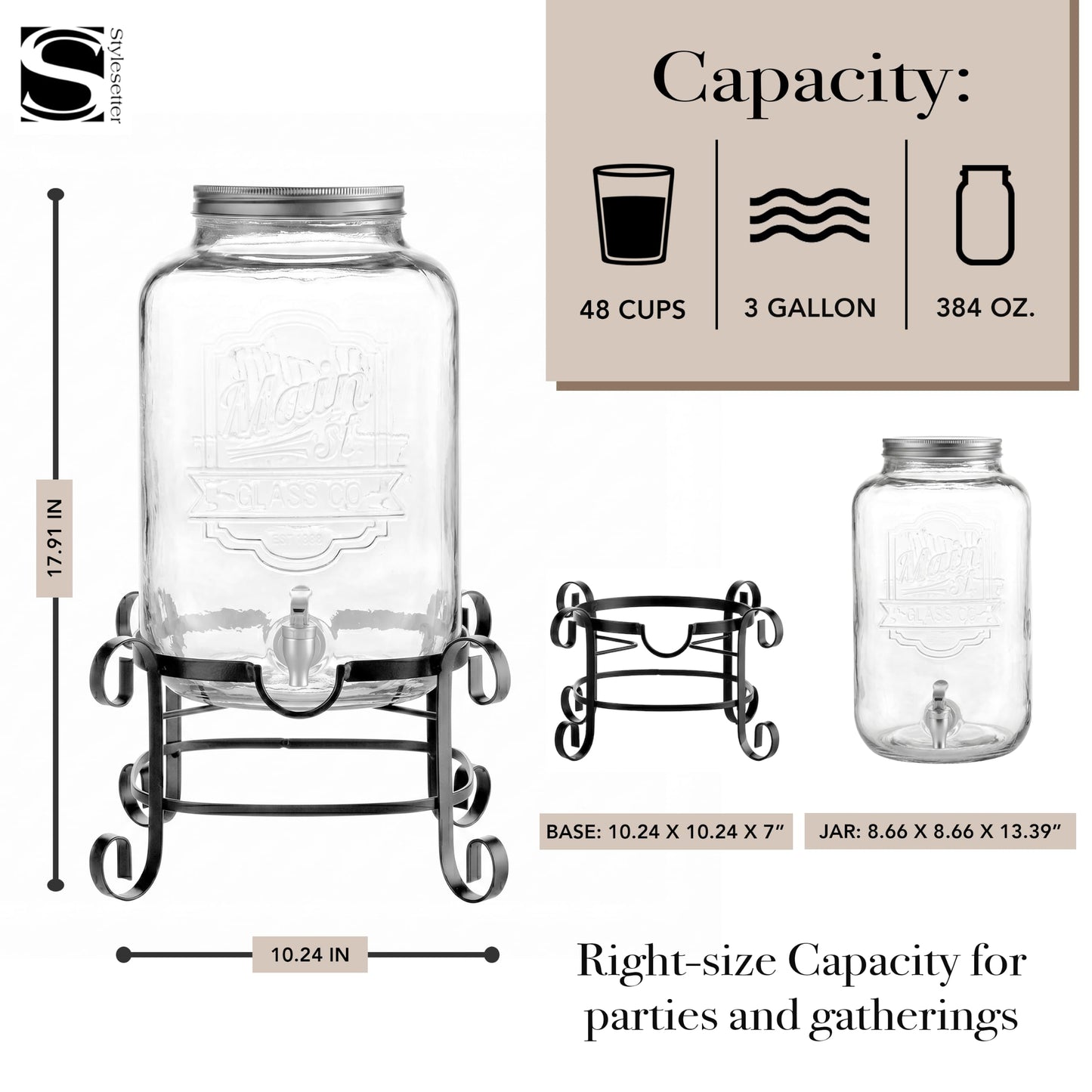Style Setter Beverage Dispenser Cold Drink Dispenser w/ 3-Gallon Capacity Glass Jug, Metal Stand & Leak-Proof Acrylic Spigot Great for Parties, Weddings & More