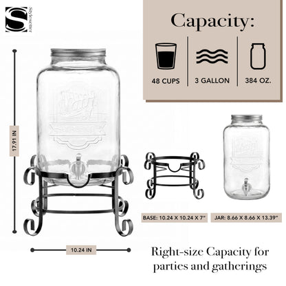 Style Setter Beverage Dispenser Cold Drink Dispenser w/ 3-Gallon Capacity Glass Jug, Metal Stand & Leak-Proof Acrylic Spigot Great for Parties, Weddings & More