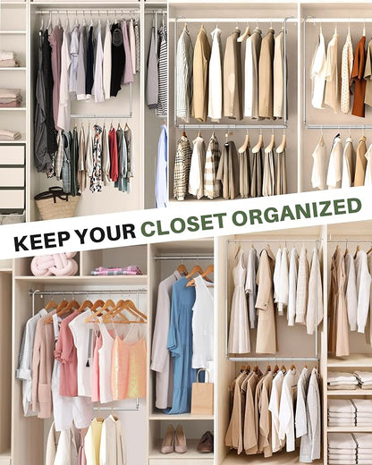 Hanging Closet Rod, Adjustable Height & Width Closet Rods for Hanging Clothes-Closet Extender Hanging Rod Space-Maximizing Design Suitable for Hanging and Drying Clothes, Silver