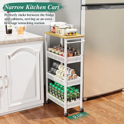 OKZEST Utility Slim Storage Cart, 4-Tier Narrow Bathroom Organizers and Storage Cart, Narrow Metal Kitchen Laundry Room Organization Shelf with Wood Top, Slim Rolling Carts with Wheels for Small Space