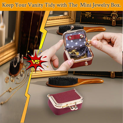 FURZART Genuine Leather Jewelry Travel Case Mini Portable Organizer with Kiss Lock & Anti-Tip Design, Stable Small Jewelry Box for Earrings, Rings, Coin Purse & Travel (2.55x1.77 Inch, Black)