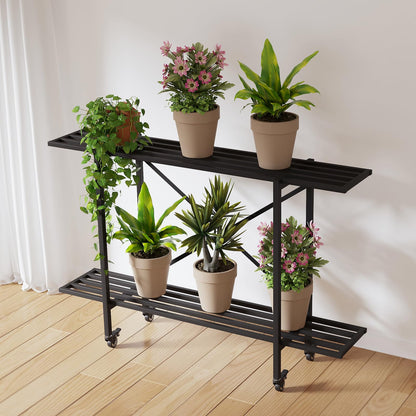 Zhongma 2 Tier Window Height Metal Sturdy Narrow Plant Stand with Wheels, Plant Stand Indoor and Outdoor, L45.67 x W10.3 x H29.9 inch, 440 LBS Capacity & Heavy Duty Construction.