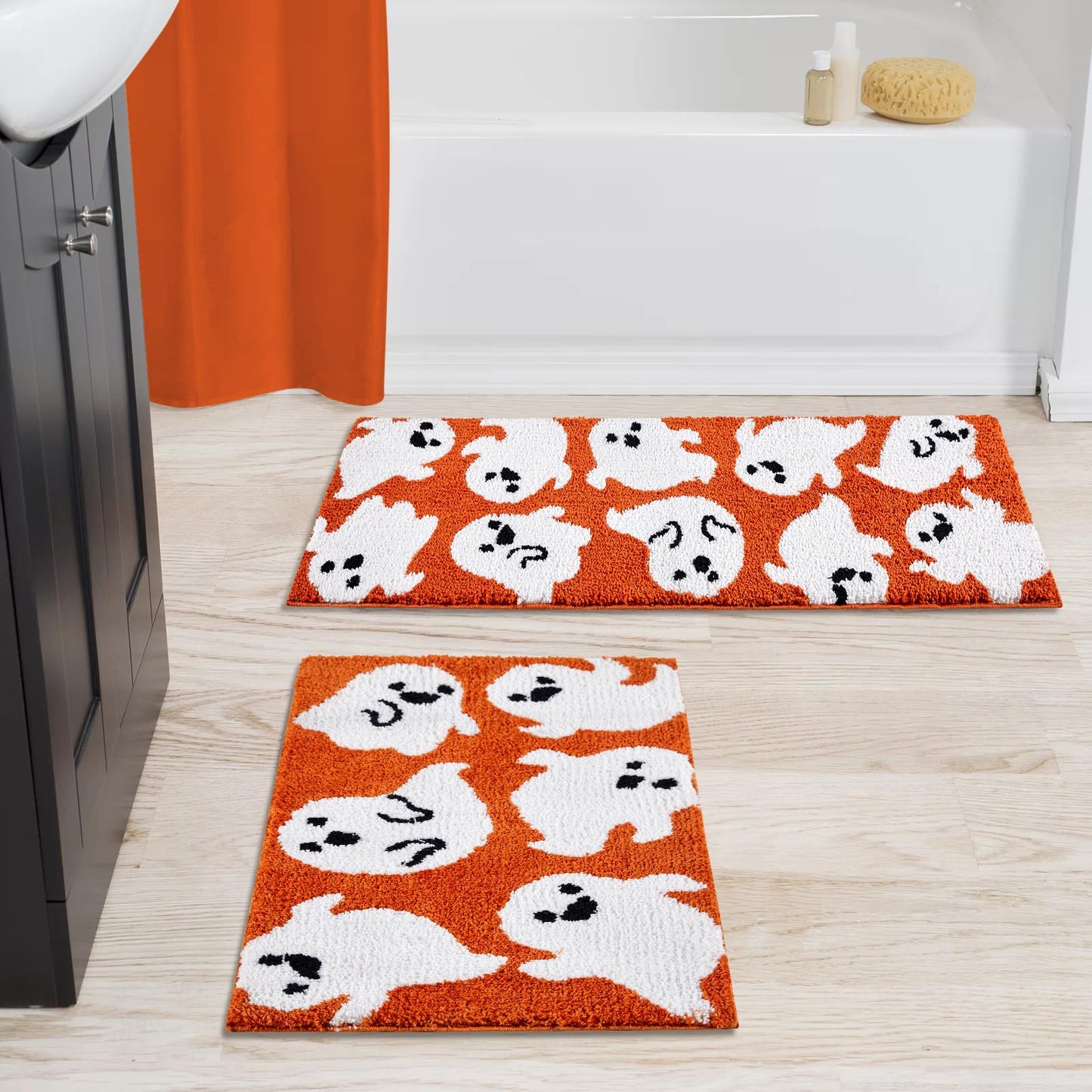 Estmy Cute Orange Ghost Bath Mat Non Slip Machine Washable 16’’x24’’ Spooky Funny Halloween Bath Rug Bathroom Decor, Soft Shaggy Microfiber Scary Spirit Fall Bathroom Shower Floor Mat Absorbent