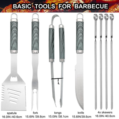 grilljoy 24PCS BBQ Grill Tools Set with Meat Thermometer and Injector - Extra Thick Stainless Steel Fork, Spatula& Tongs - Complete BBQ Accessories in - Perfect Grill Gifts for Father's Day