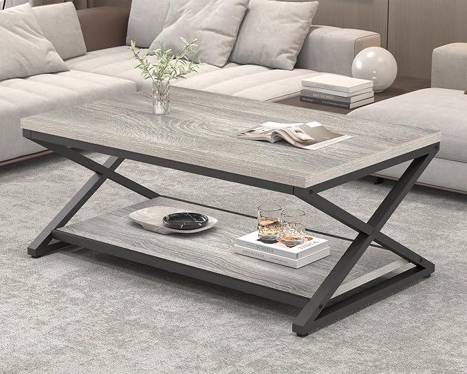 HSH Coffee Table with Storage, Farmhouse Grey Living Room Center Table, Industrial Wood and Metal Rectangle Coffee Tables, Simple Rustic 2 Tie Cocktail Tea Table for Home Office Bedroom, 47 Inch
