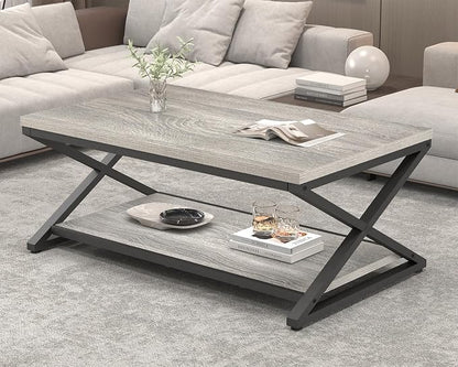 HSH Coffee Table with Storage, Farmhouse Grey Living Room Center Table, Industrial Wood and Metal Rectangle Coffee Tables, Simple Rustic 2 Tie Cocktail Tea Table for Home Office Bedroom, 47 Inch