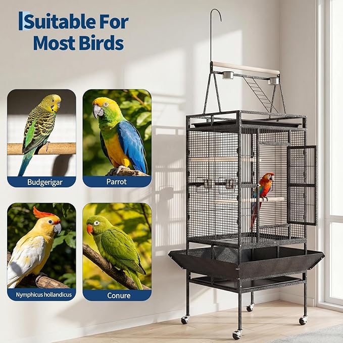 Garvee 82" h Large Bird Cage, Rolling Parakeet Cage with Play Top, Bird Rope Perche, Big Bird Cages for Parrots, Parakeets, Cockatiels, Conures-White