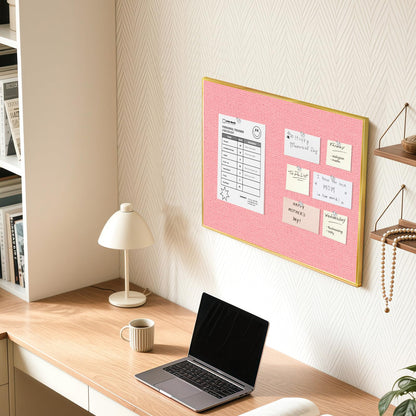 QUEENLINK Linen Bulletin Board 24" x 18", Fabric Pin Board with Gold Aluminum Frame, Decorative Vision Board for Home Office, Bedroom & Dorm Wall Decor, Includes 10 Push Pins, Pink