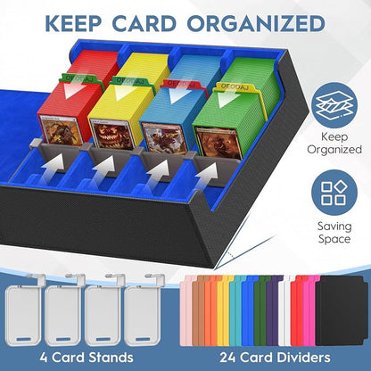 Trading Card Storage Box, 3200+ MTG Card Storage, 4 Row TCG Card Organizer Box with 24 Colorful Dividers and 4 Stands, Bulk PKM Storage, Deck Case Holder Fits for YuGiOh, Game Cards (Black & Blue)