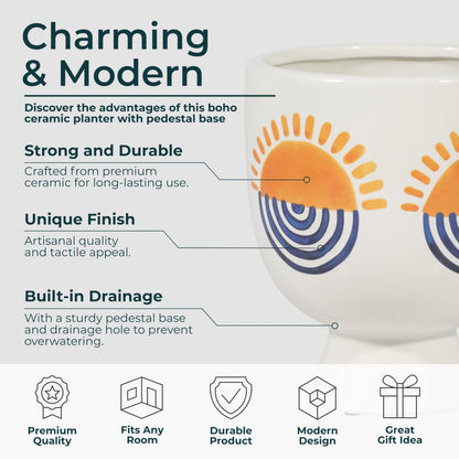 Sagebrook Home Boho Ceramic Planter with Pedestal Base - Hand-Painted Stoneware Plant Pot for Home & Garden - Modern Decorative Design - 7" White