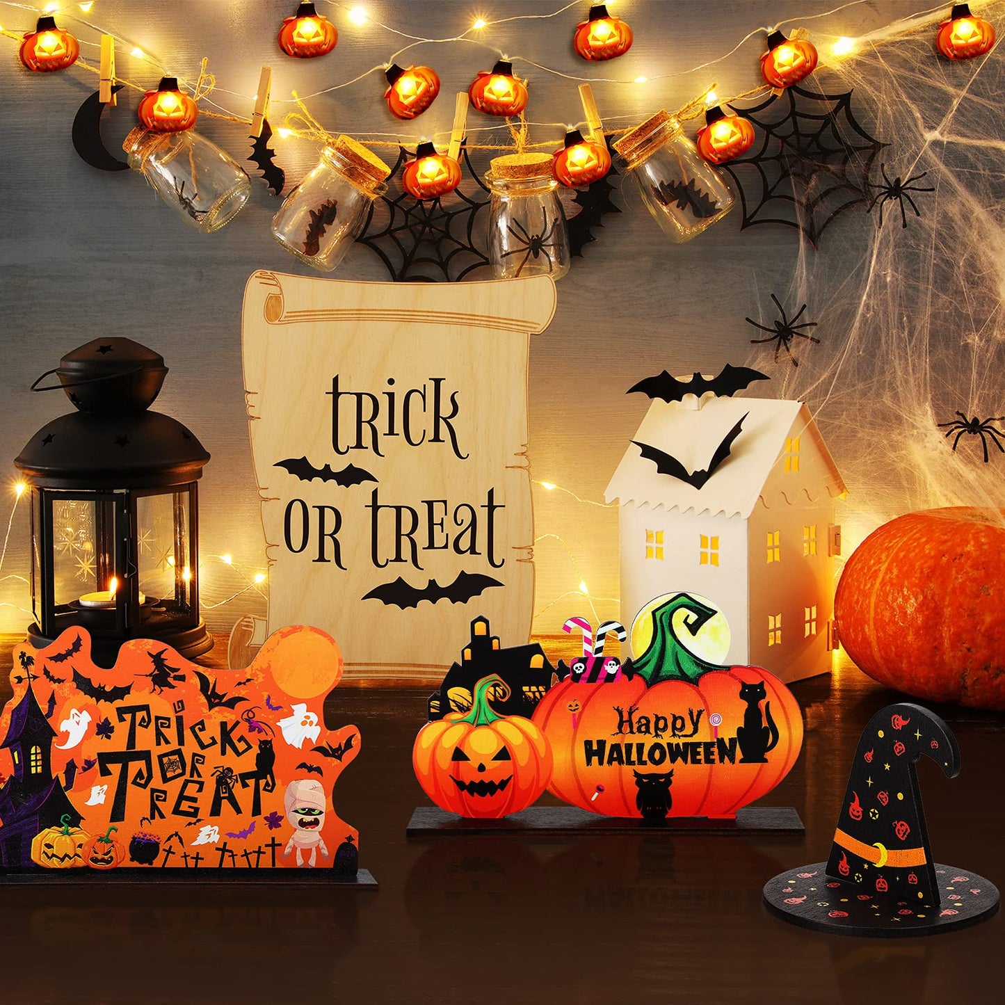 Jetec 6 Pcs Halloween Office Decorations Table Centerpiece with 5 ft Pumpkin String Light, Boo Spooky Trick or Treat Pumpkin Witch Hat Wood Table Signs for Happy Halloween Tier Tray Home Decoration