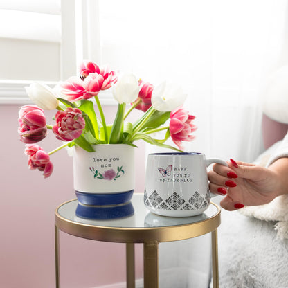 Pavilion Gift Company - Mom - Planter with Attached Dish, Ceramic Planter with Drainage Hole, Succulent Orchid Flower Pot, Unique, 1 Count (Pack of 1), 4.75 x 4.25 inches