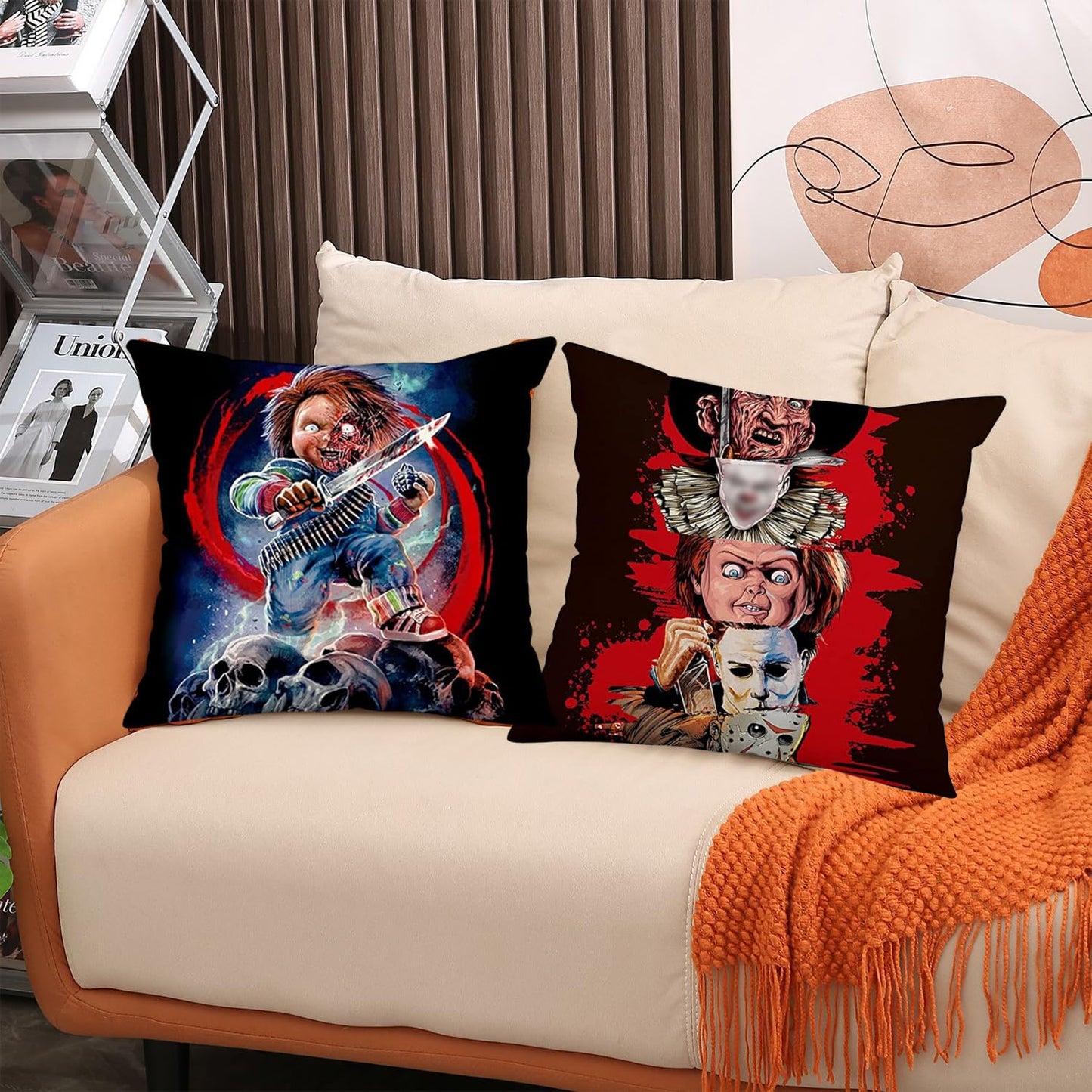Generic Set of 4 Linen Throw Pillow Covers Halloween Pillow Case Horror Movie Character Halloween Pillow Covers Funny Holiday Home Decoration for Sofa Couch Bed Living Room Car Bedroom Bar Cafes