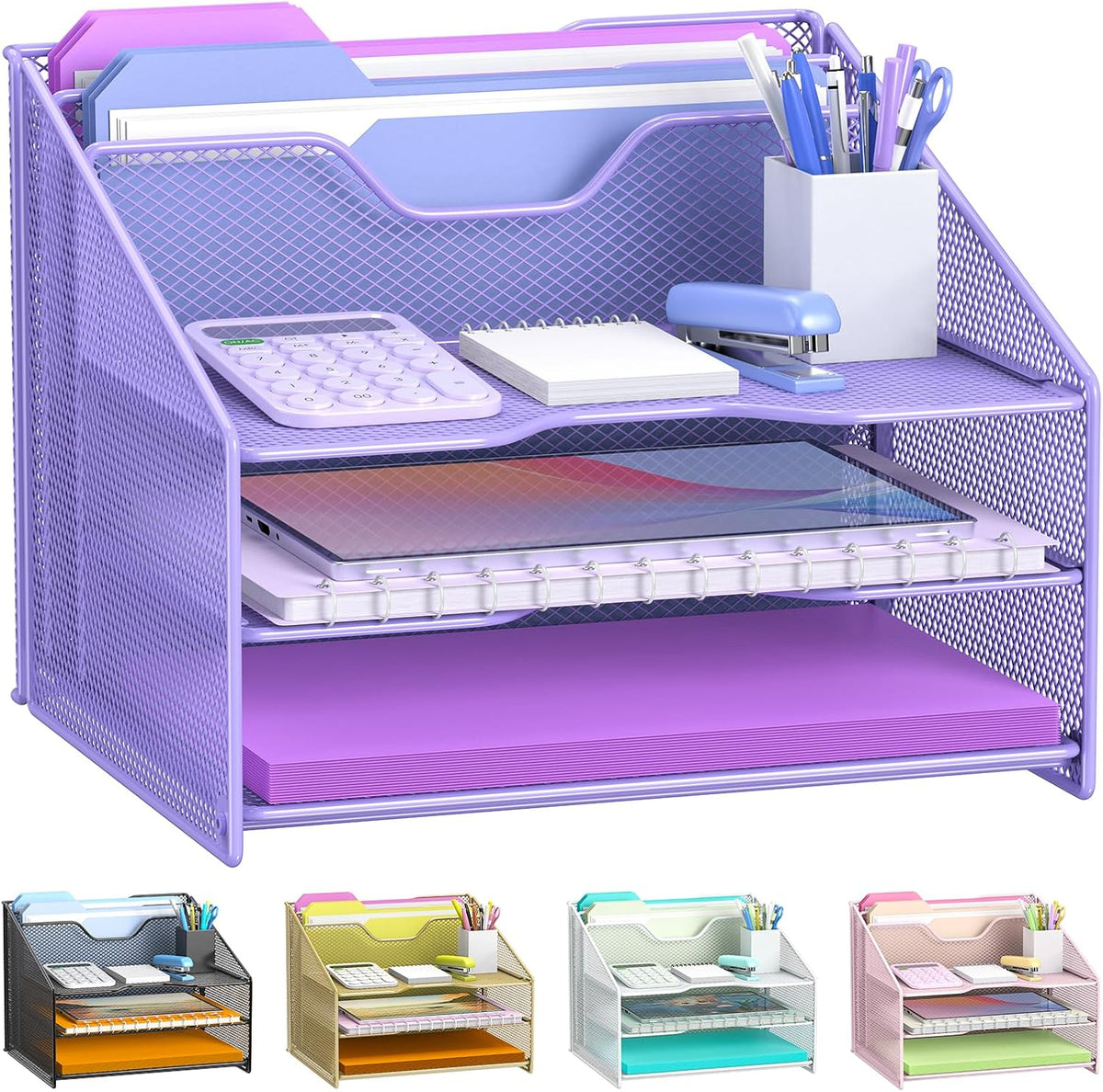 Samstar Purple Desk File Organizer, Mesh Letter File Folder Holder with 3 Paper Trays and 2 Vertical Upright Section, for Office Supplies, Desk Accessories & Workspace, Purple