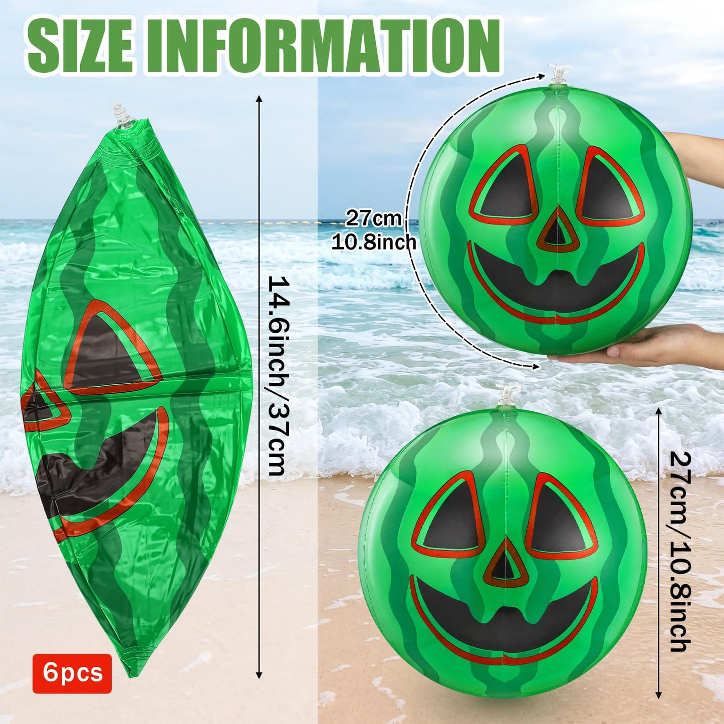Jenaai 6 Pcs Summer Halloween Inflatable Jack O Melon Beach Bulk 11 Inch Summer Halloween Swimming Pool PVC Watermelon Beach Balls for Home Haunt House Pool Festival Watermelon Party Decorations
