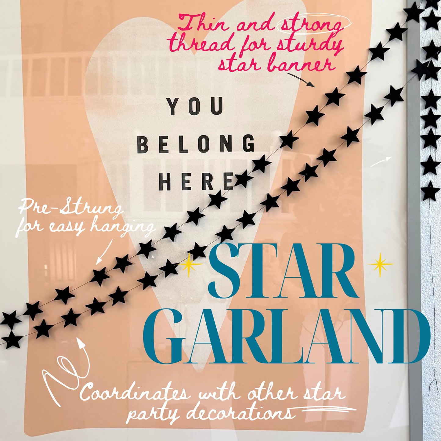 Black Felt Star Garland – 2 Banners (12 Feet Total!) Prestrung New Years Star Banner for New Years Eve Party, Goth Christmas, or Halloween Decor. No DIY! Black Party Decorations