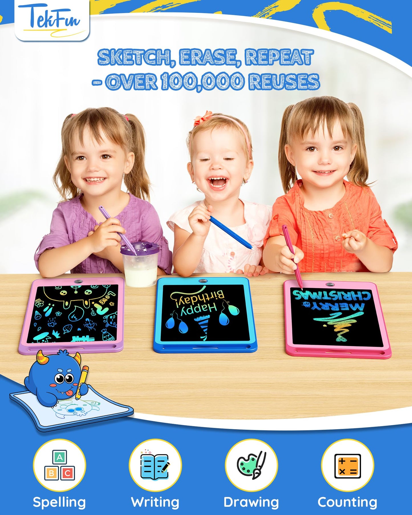 TEKFUN 3 Pack LCD Writing Tablet for Kids, 8.5 Inch Blue+Pink+Purple Doodle Board Drawing Board Reusable Drawing Tablet with Lanyard, Educational Kids