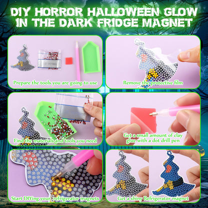Motipuns 30 Pcs Halloween Diamond Painting Magnets Kits Glow in The Dark Witch Hat Diamond Art Fridge Magnet Refrigerator Sticker for Beginners Kid Adults Home Decors DIY Art Craft Gifts