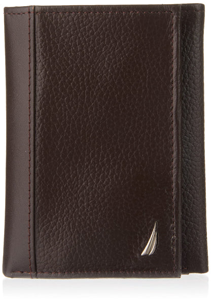 Nautica Mens Classic Trifold Wallet | RFID Blocking Protection | ID Window | 6 Card Slots | 2 Slip Pockets | Genuine Leather | Organization | Durable | Stylish - Brown