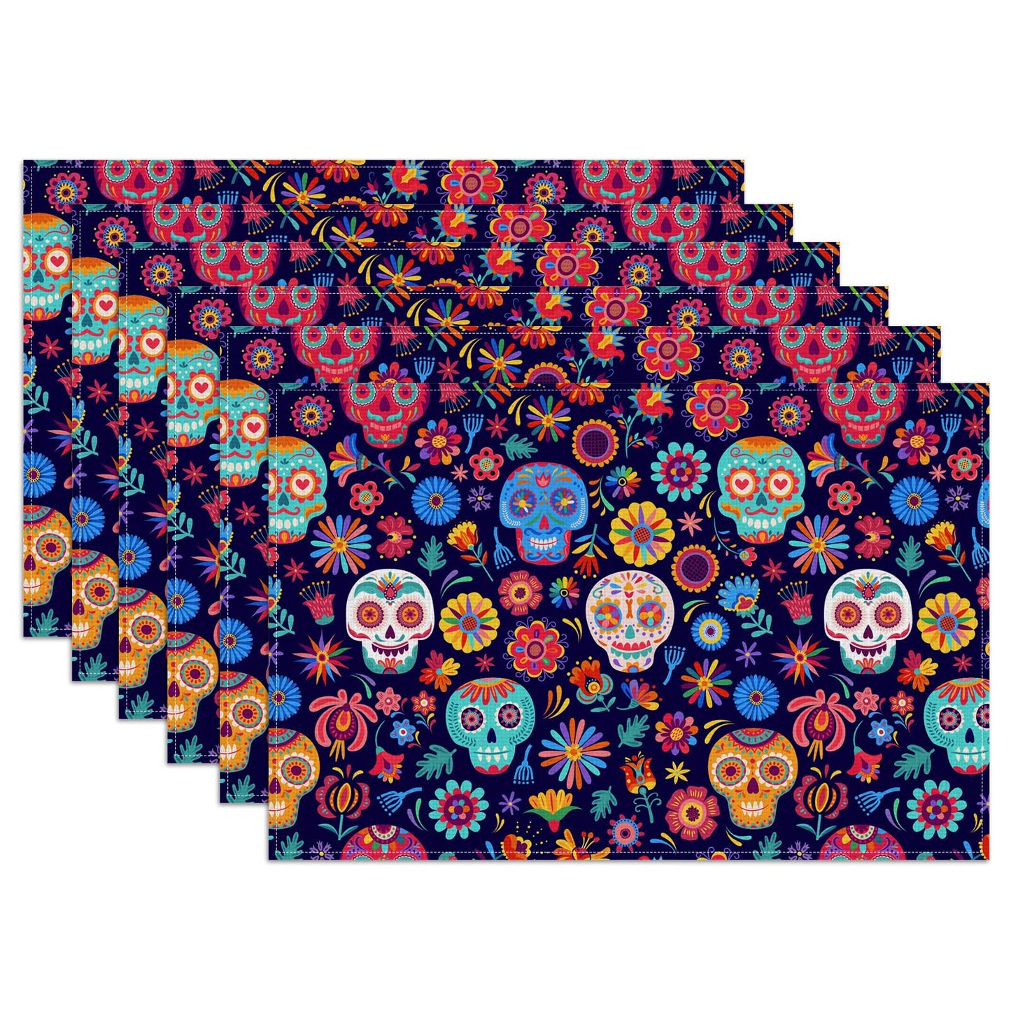 Sugar Skull Mexican Día de Los Muertos Placemats Set of 6, Halloween Washable Linen Place Mat Heat Resistant Non Slip Kitchen Dining Table Mats 12x18 Inch