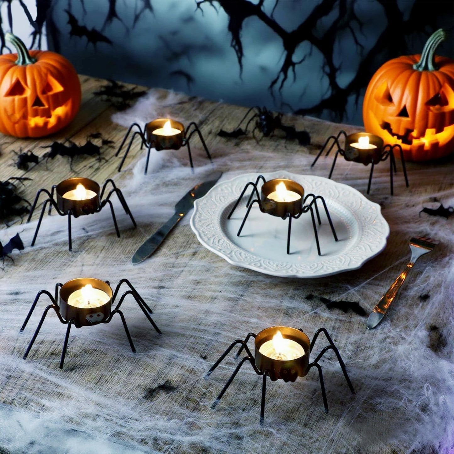 FORUP 6 Pack Metal Spider Tea Light Candle Holders, Halloween Candle Holder, Halloween Home Table Decoration, Black