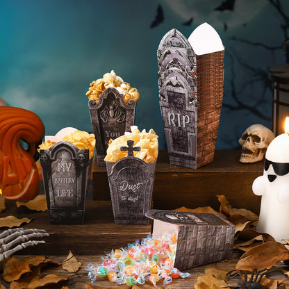 Weekgrat 90 Pcs 9 Styles Halloween Tombstone Popcorn Boxes Cardboard Popcorn Bags Snack Boxes Treat Bags for Candy Biscuits Party Favors