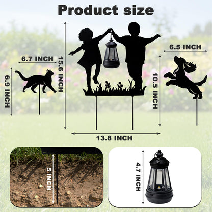 BVLFOOK Solar Garden Stakes with LED Lantern, Metal Silhouette Children and Pets Design, 12 x 4 x 10 Inches, Iron Construction, 3 Piece Set for Outdoor Yard Decor